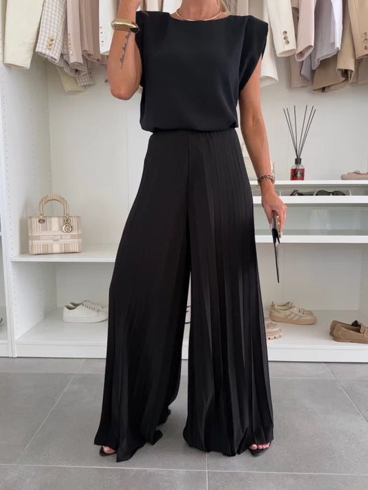 Women's Pleated Wide Leg Jumpsuit Cap Sleeve Elegant Evening Formal Outfit