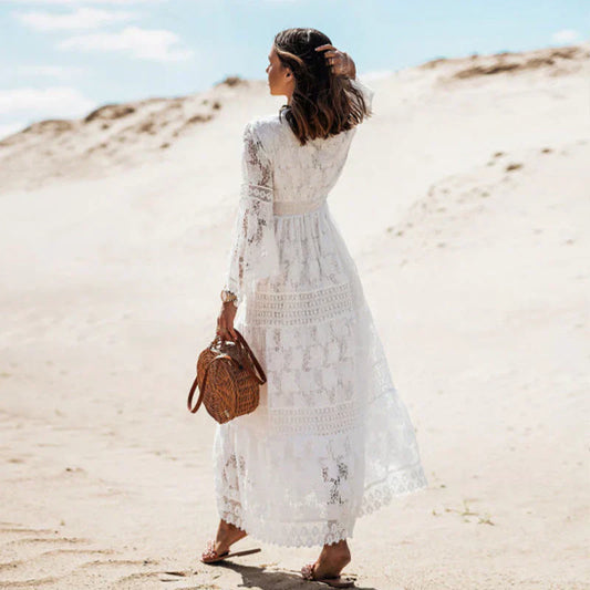 Women’s Boho V Neck Flowing Long Sleeve Summer Maxi Dress