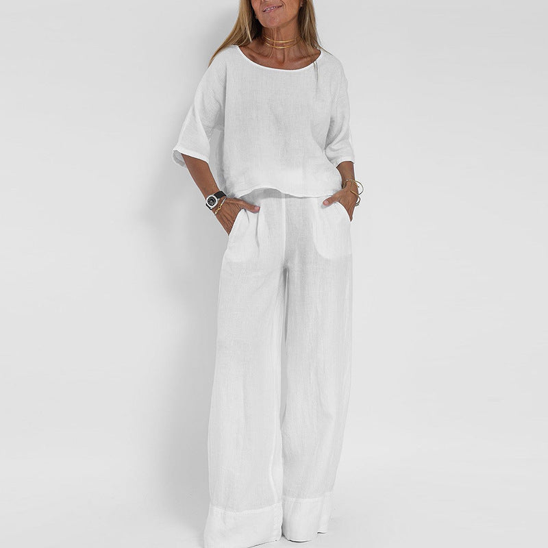 Women's Loose Fit Matching Set with Short Sleeve Top and Wide Leg Pants