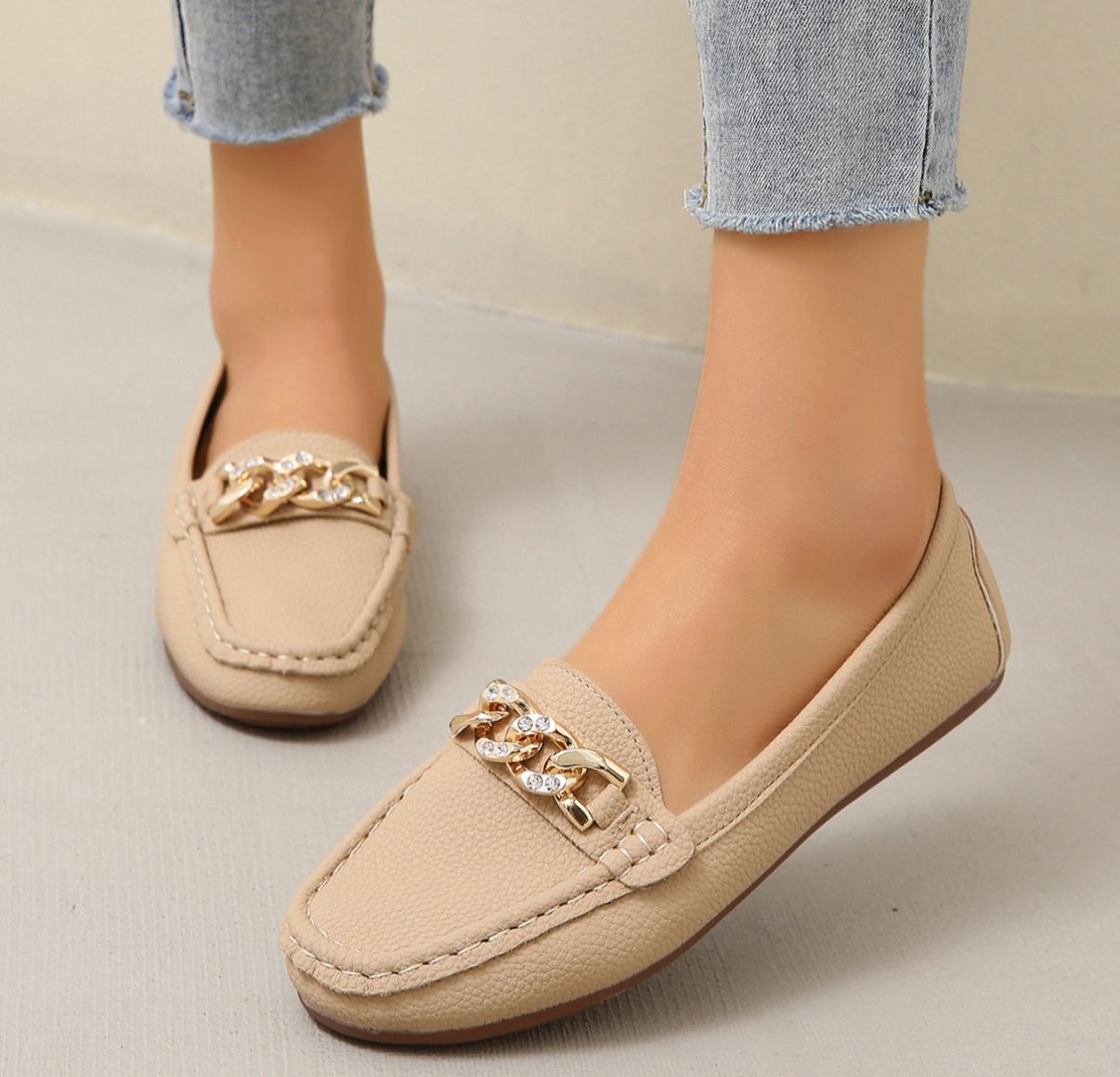 Women’s Loafers with Diamond Buckle and Flat Wedge Sole