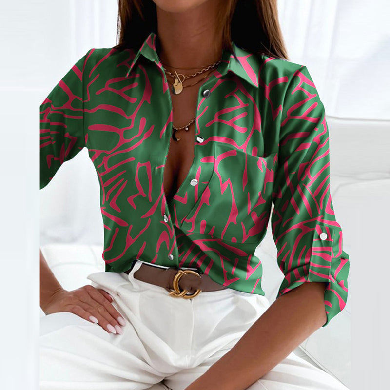 Women's Printed V-Neck Collared Blouse Relaxed Fit Lightweight Elegant Casual Top