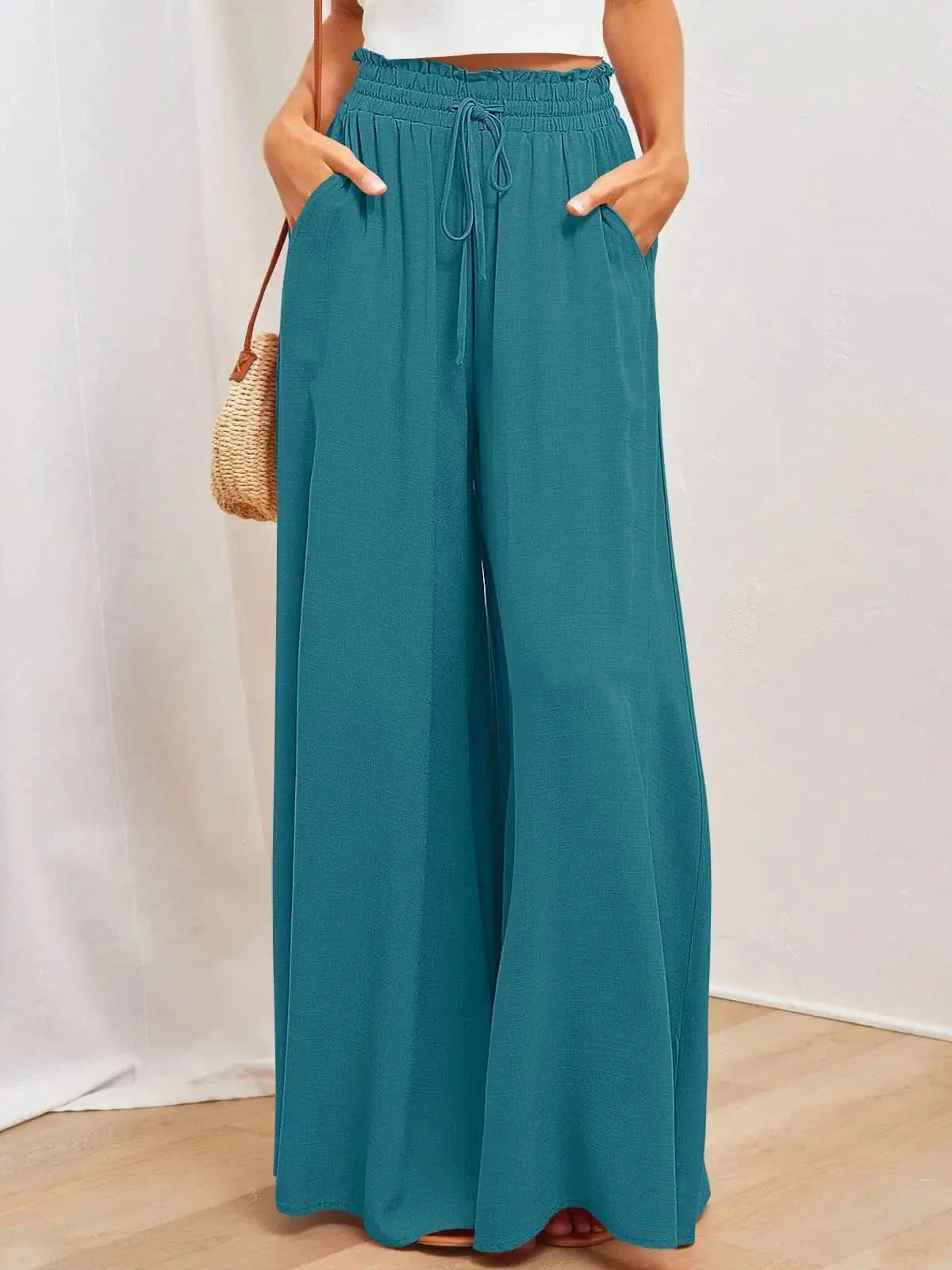 Women’s High Waist Wide Leg Pants with Drawstring and Flowing Fit