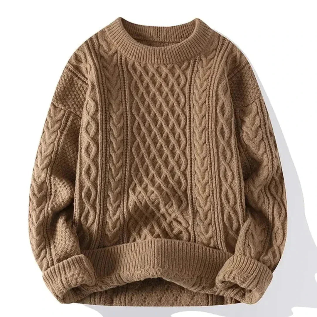 Men’s Winter Chunky Knit Crew Neck Pullover with Cable Pattern