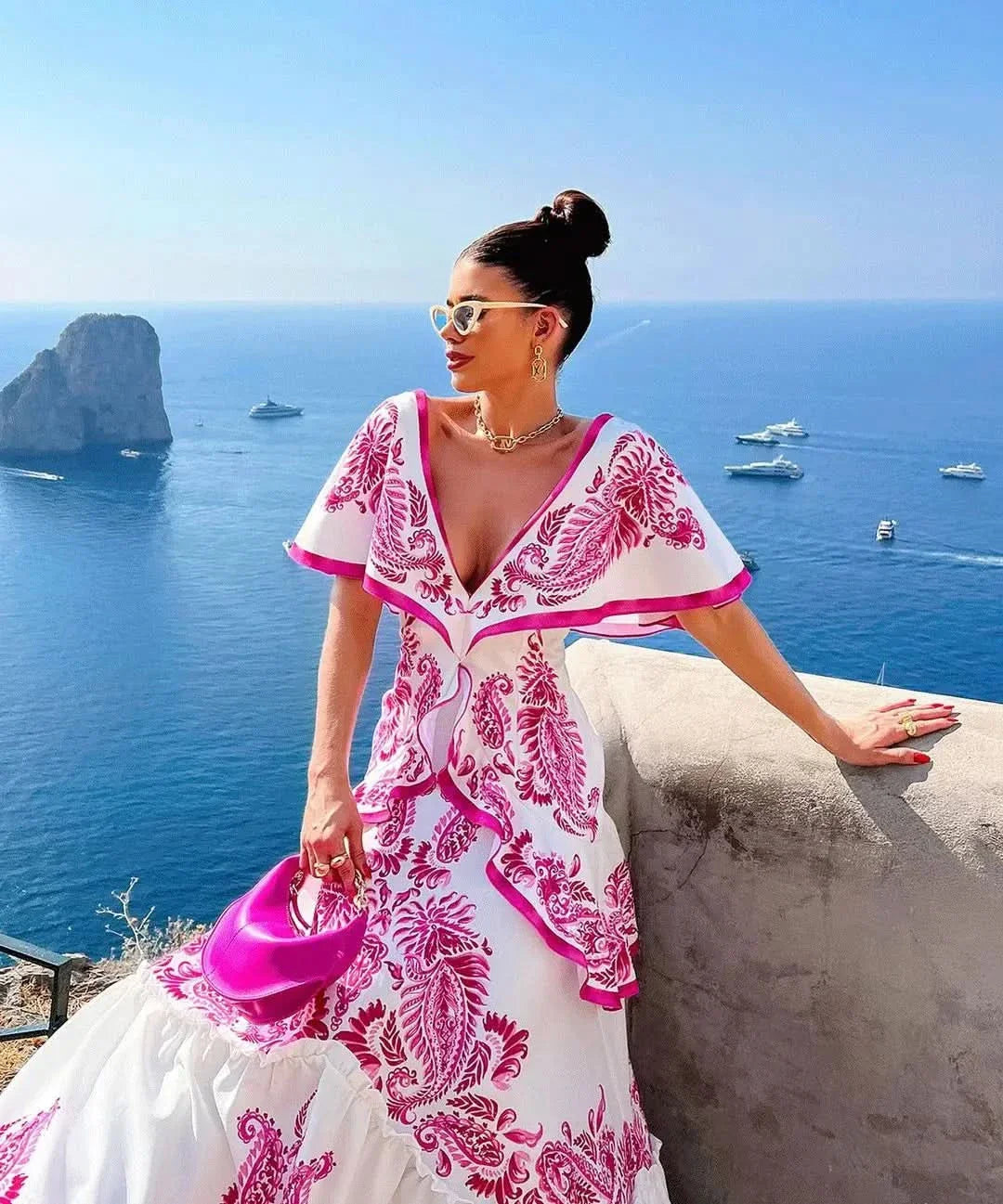 Women’s Floral Ruffle V Neck Elegant Flowing Maxi Dress