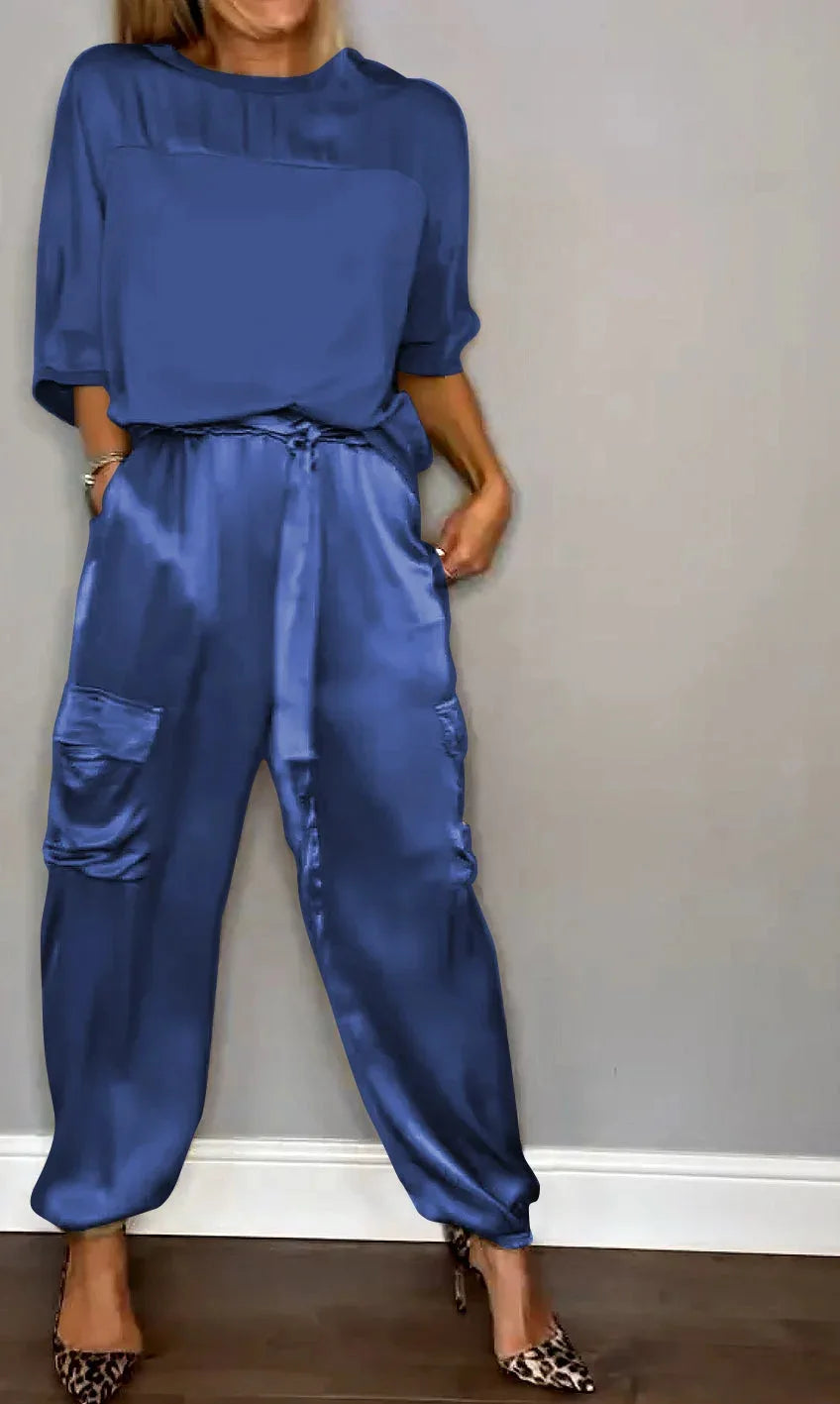 Women's Satin Two Piece Set with Loose Top and Cargo Pants Elegant Casual Outfit