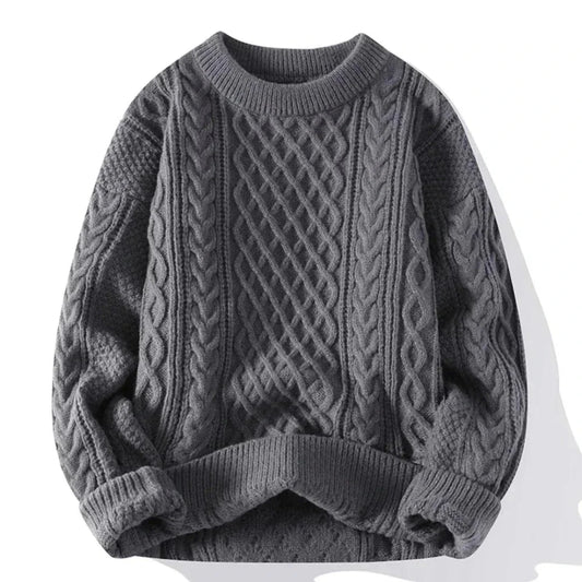 Men’s Winter Chunky Knit Crew Neck Pullover with Cable Pattern
