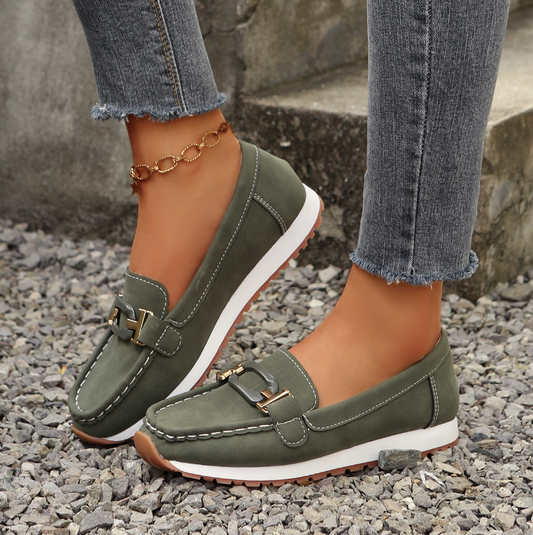 Women’s Casual Loafers with Metal Buckle and Flat Wedge Sole
