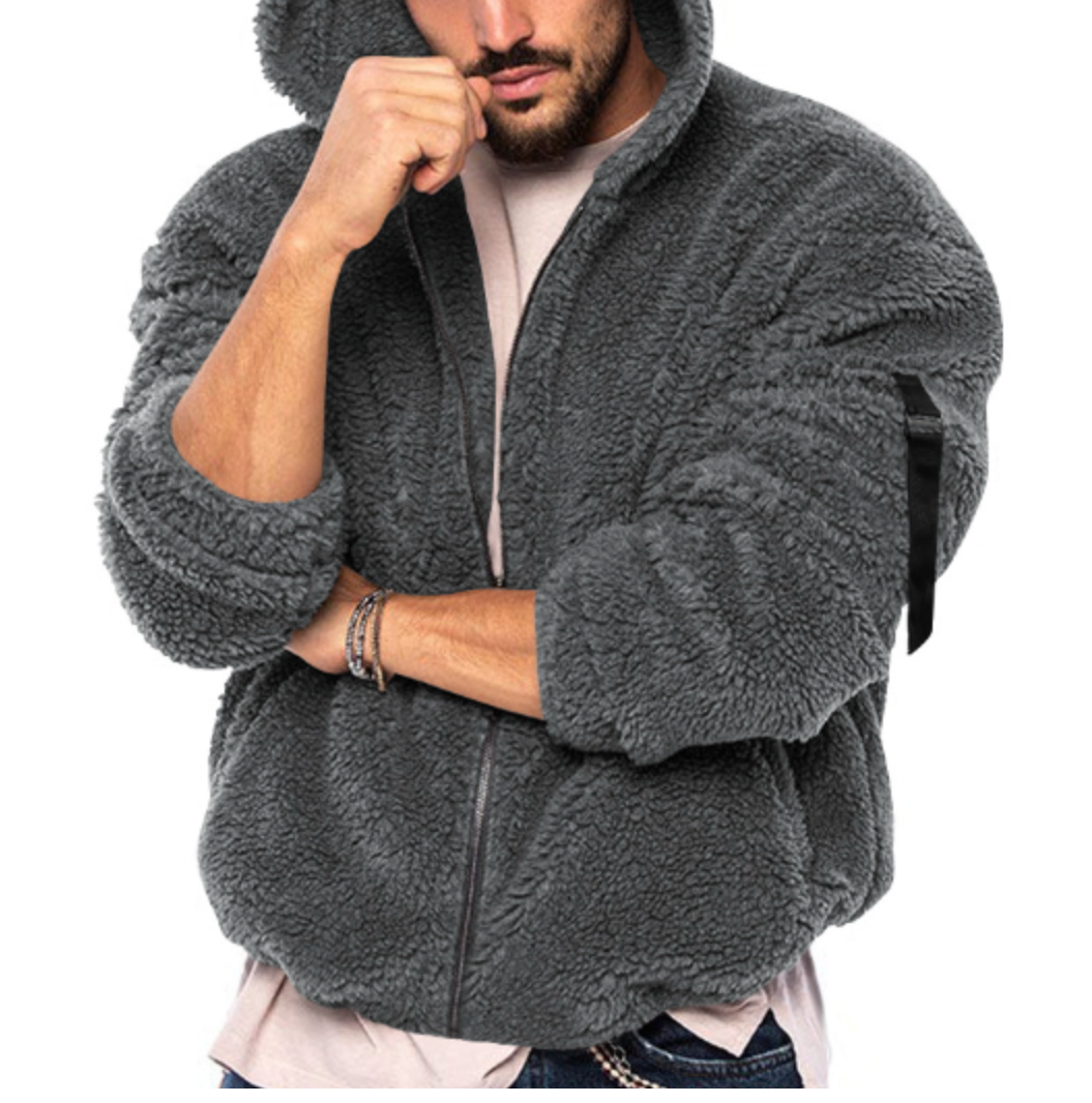 Fleece Zip Hoodie Loose Fit Men Winter
