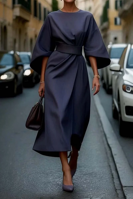 Women’s Lantern Sleeve Belted Elegant Flowing Midi Dress