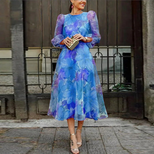 Women’s Floral Sheer Sleeve Elegant Wedding Guest Midi Dress