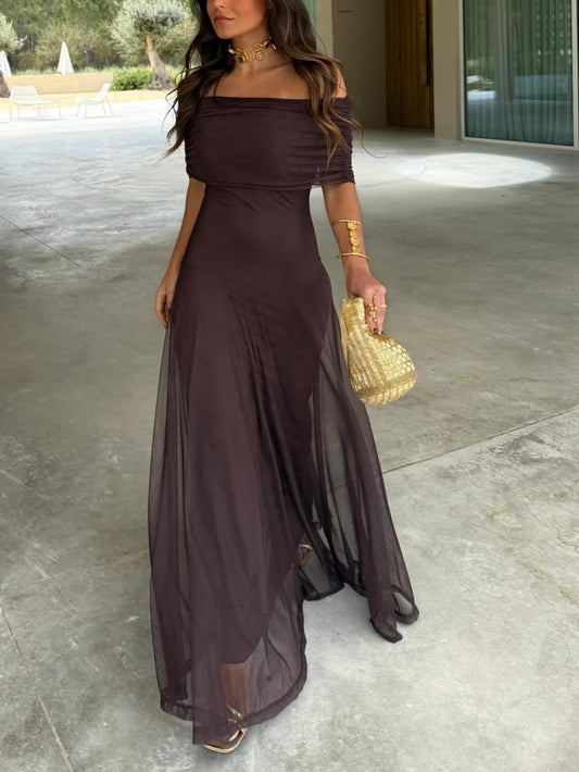 Women’s Off Shoulder Maxi Dress with Fitted Waist
