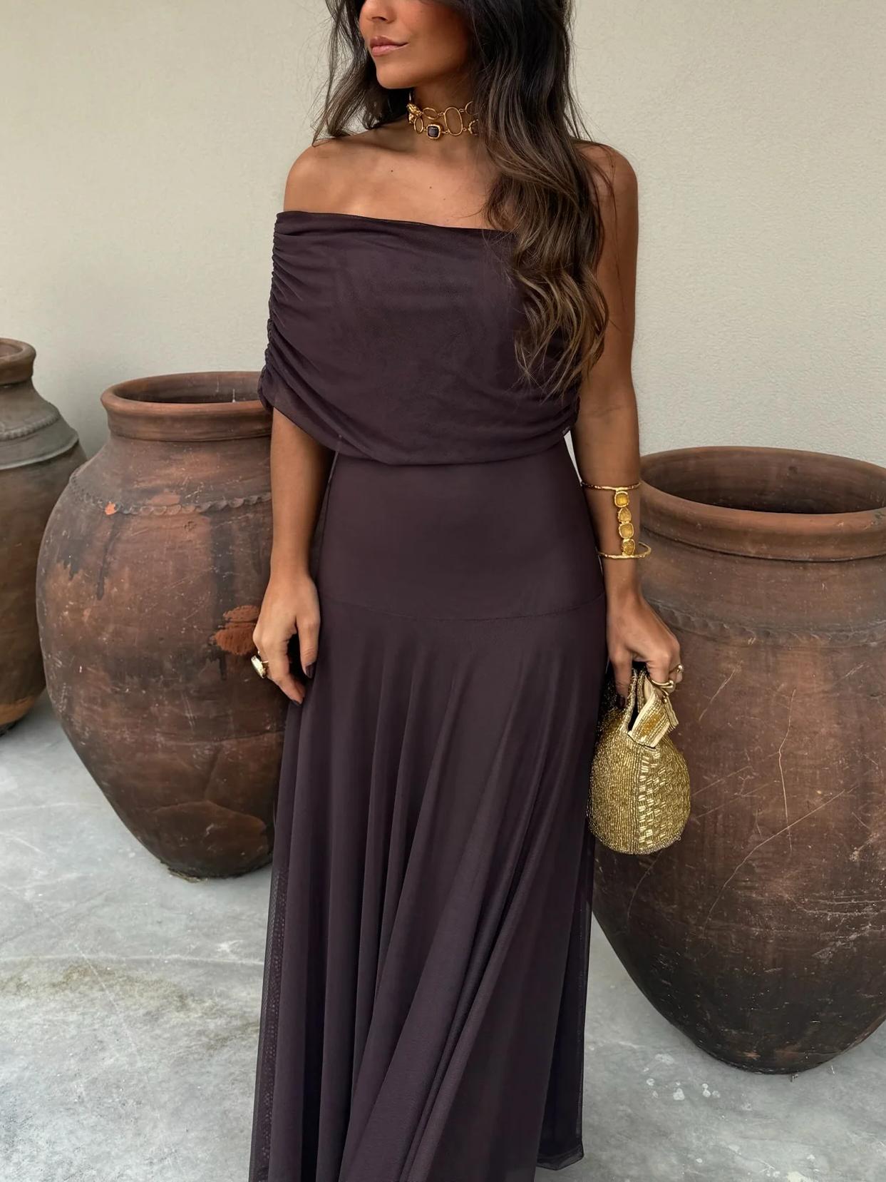 Women’s Off Shoulder Maxi Dress with Fitted Waist