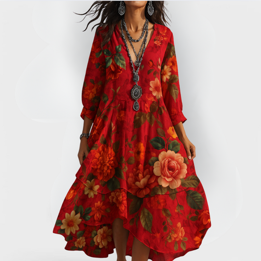 Women’s Vintage Boho Floral V Neck Relaxed Fit Midi Dress