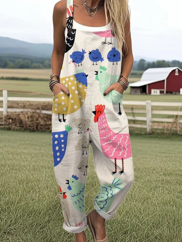 Women's Colorful Chicken Print Jumpsuit with Pockets – Loose Fit Casual Summer Overalls