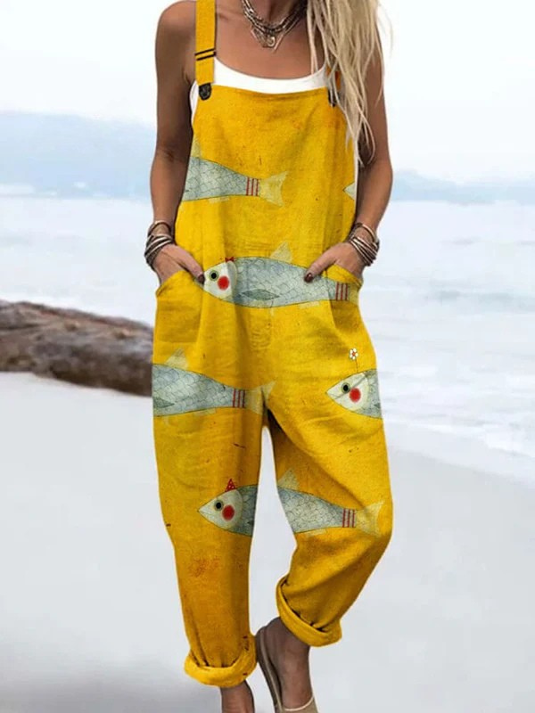 Women's Fish Print Casual Jumpsuit with Pockets – Loose Fit Summer Overalls