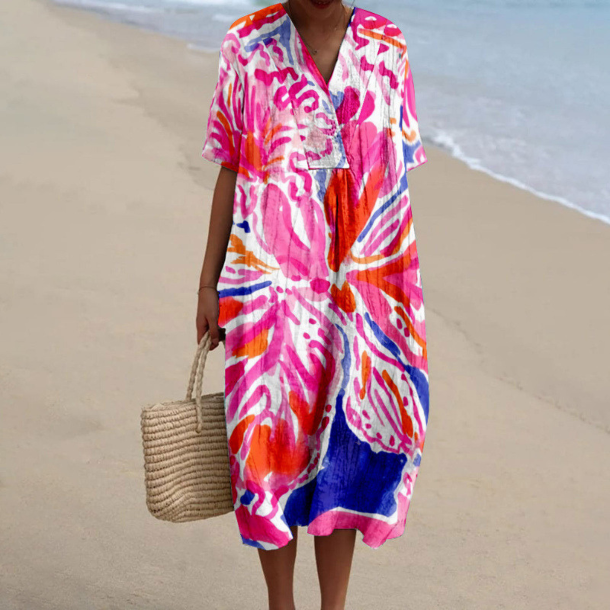 Women’s Printed V-Neck Midi Dress for Vacation
