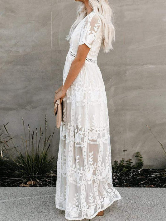 Women’s Lace V Neck Empire Waist Elegant Maxi Dress