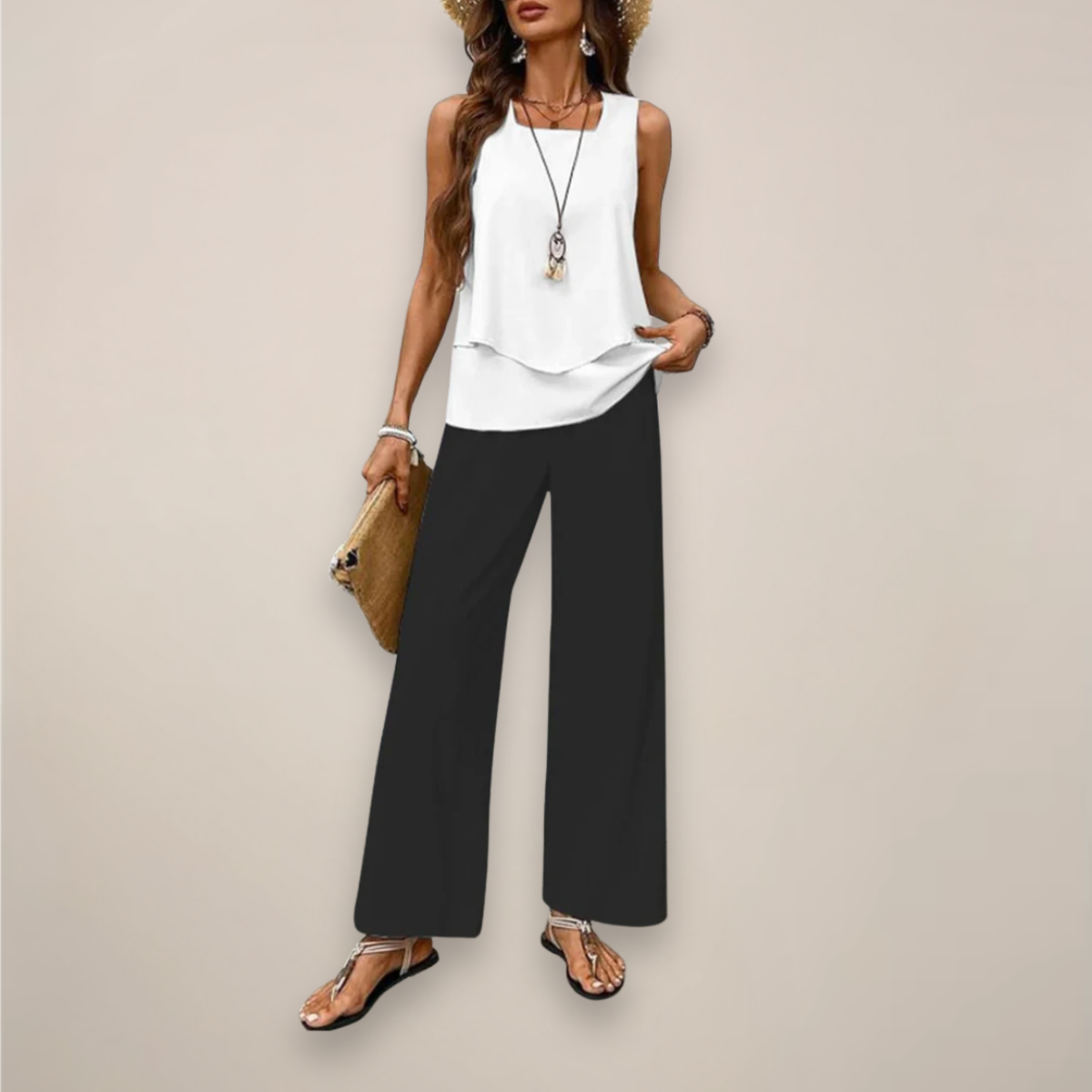 Women's Printed Wide Leg Pants Set with Sleeveless Top Casual Fit