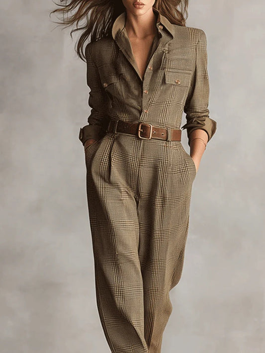Women’s Plaid Belted Jumpsuit with Long Sleeves