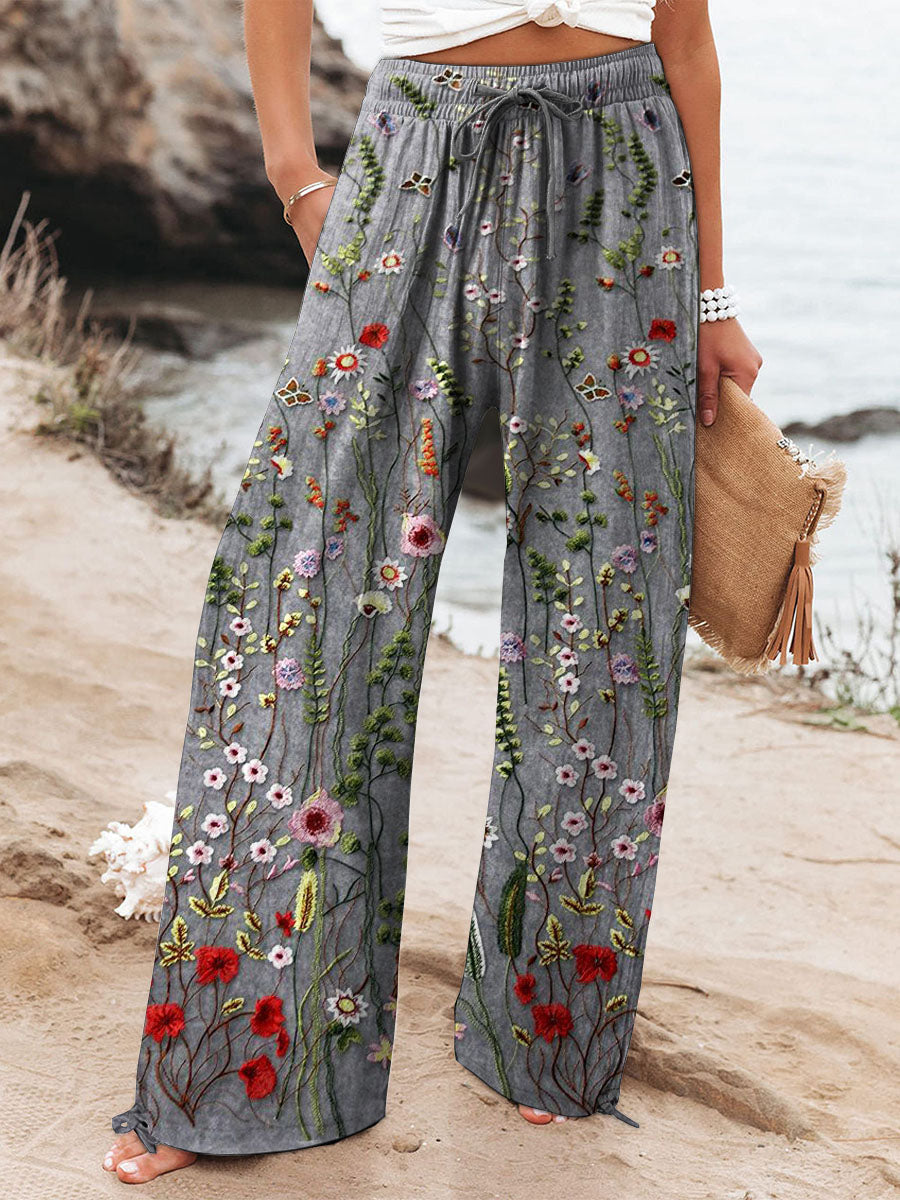 Women's Floral Embroidered Wide Leg Pants – Relaxed Fit Lightweight Casual Trousers