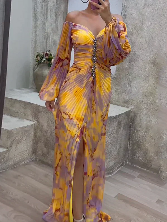 Women’s Off Shoulder Pleated Elegant Flowing Maxi Dress