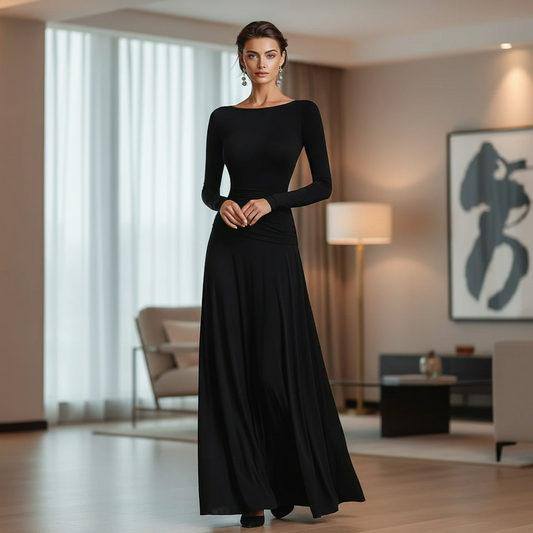 Women’s Long Sleeve Maxi Dress with Bateau Neck and Ruched Waist