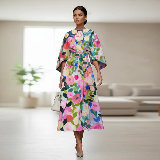 Women’s Printed Midi Dress with Defined Waist and Flowing Fit