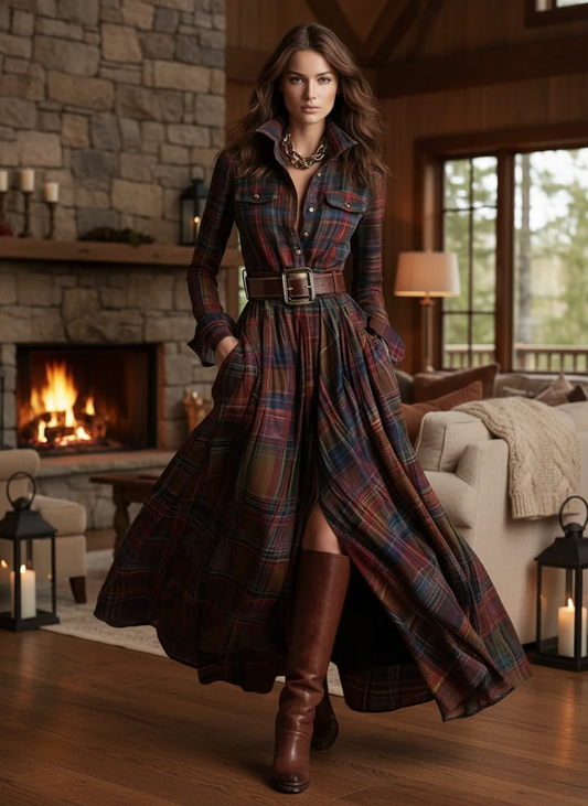 Women’s Plaid Maxi Dress with Button Front and Belted Waist