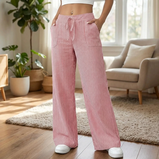 Women’s Wide Leg Striped Pants with Elastic Waist and Drawstring