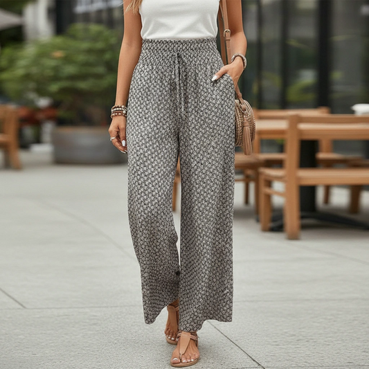 Women’s Wide Leg Printed Pants with Pull-On Waist and Flowing Fit