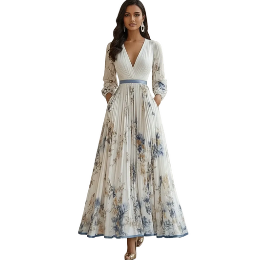 Women’s Floral Pleated Maxi Dress with V-Neck and Long Sleeves
