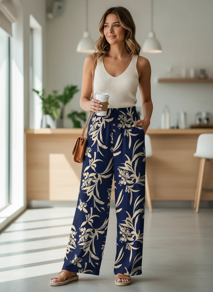 Women’s Wide Leg Printed Pants with Elastic Waist and Flowing Fit