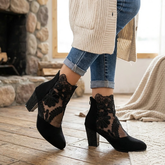 Women's Lace Panel Block Heel Ankle Orthopedic Boots