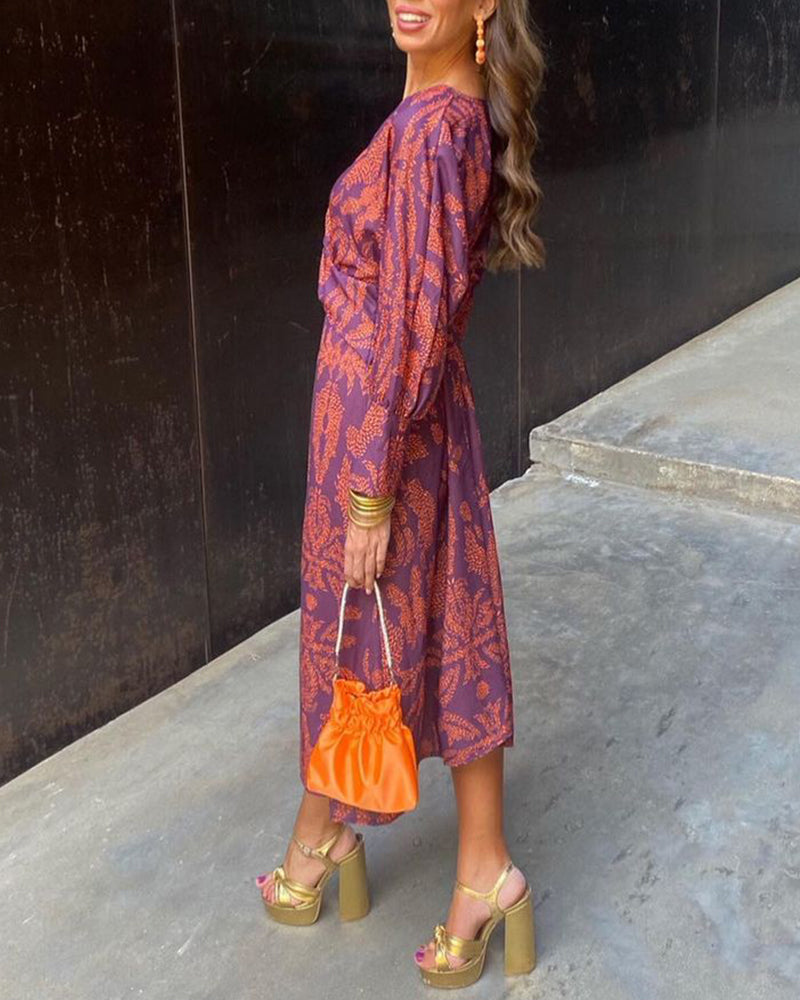 April | Women’s Floral Print V Neck Tie Waist Midi Dress