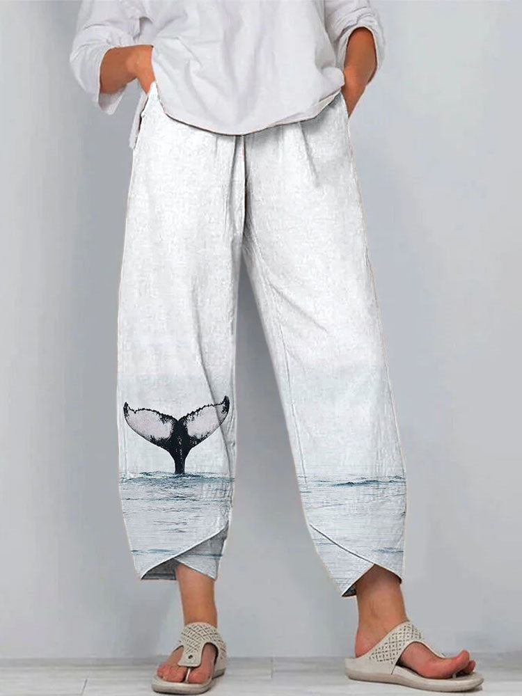 Women's Whale Tail Print Wide Leg Pants – Relaxed Fit Lightweight Casual Trousers