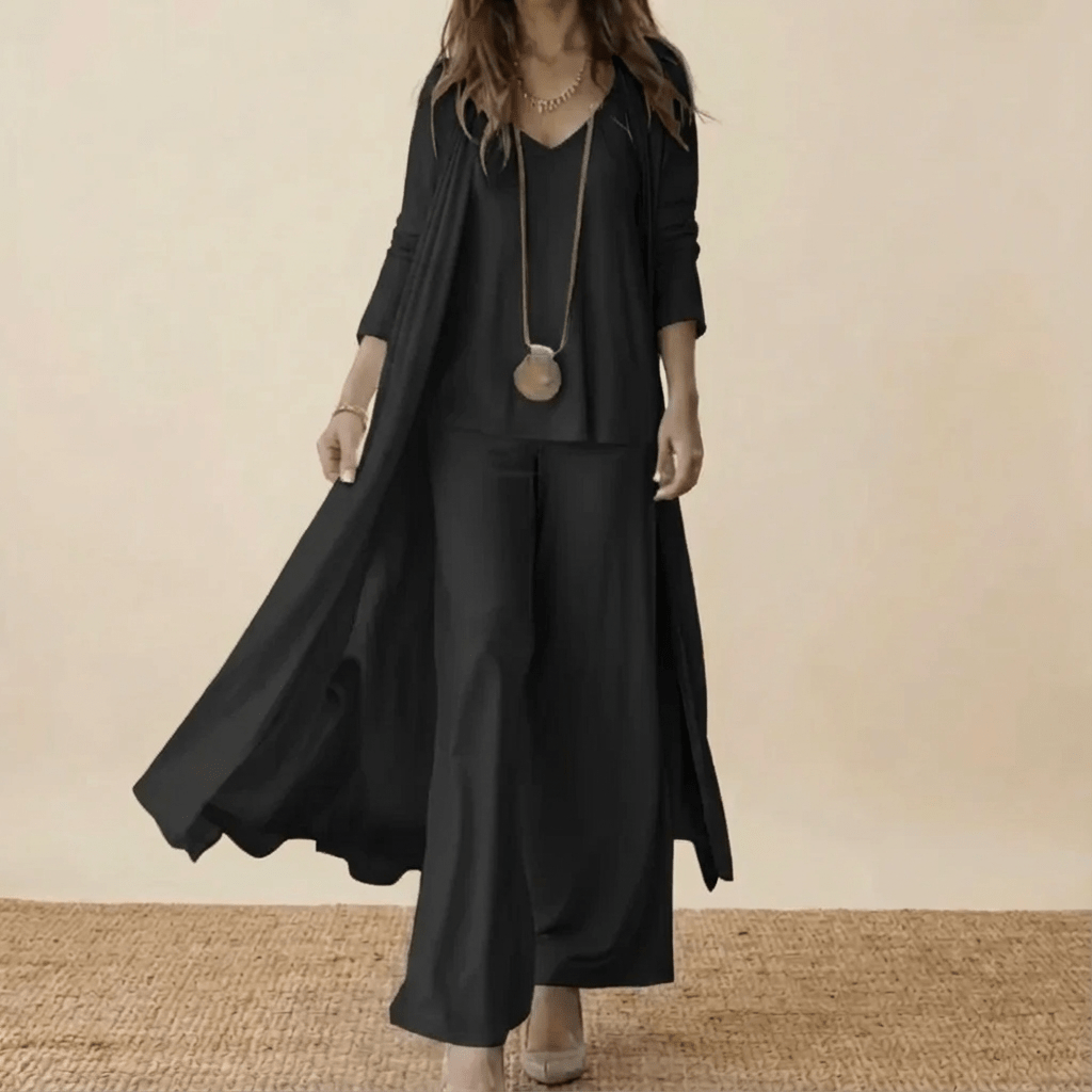 Women's Elegant 3 Piece Set Long Cardigan Top and Wide Leg Pants Outfit