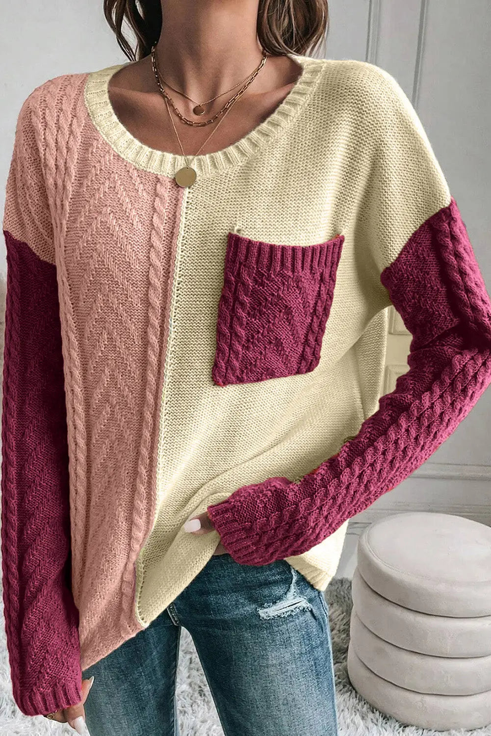 Women’s Cable Knit Colorblock Sweater for Winter