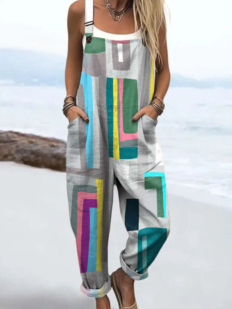Women's Geometric Color Block Jumpsuit with Pockets – Loose Fit Casual Summer Overalls