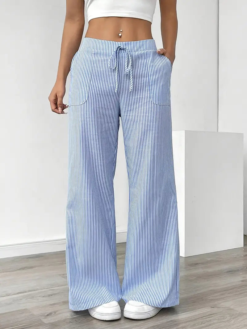 Women’s Wide Leg Striped Pants with Elastic Waist and Drawstring