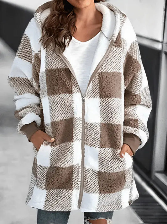 Women’s Oversized Plaid Fleece Jacket with Hood Winter