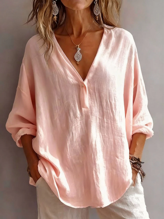 Women's Loose Fit V-Neck Blouse with Long Sleeves