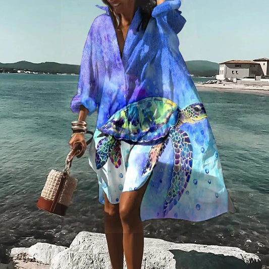 Women’s Printed Shirt Style Relaxed Fit Casual Midi Dress