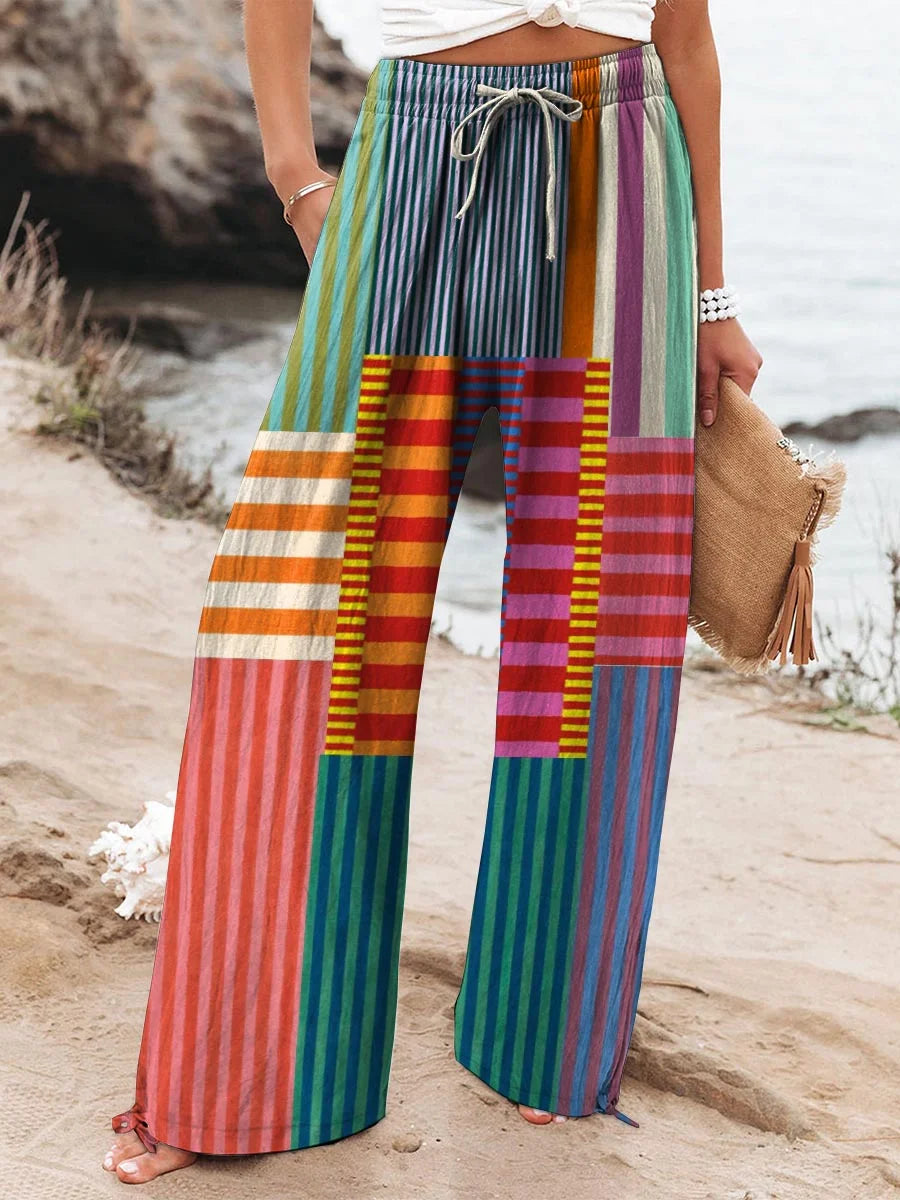 Women's Colorful Patchwork Striped Wide Leg Pants – Relaxed Fit Lightweight Casual Trousers