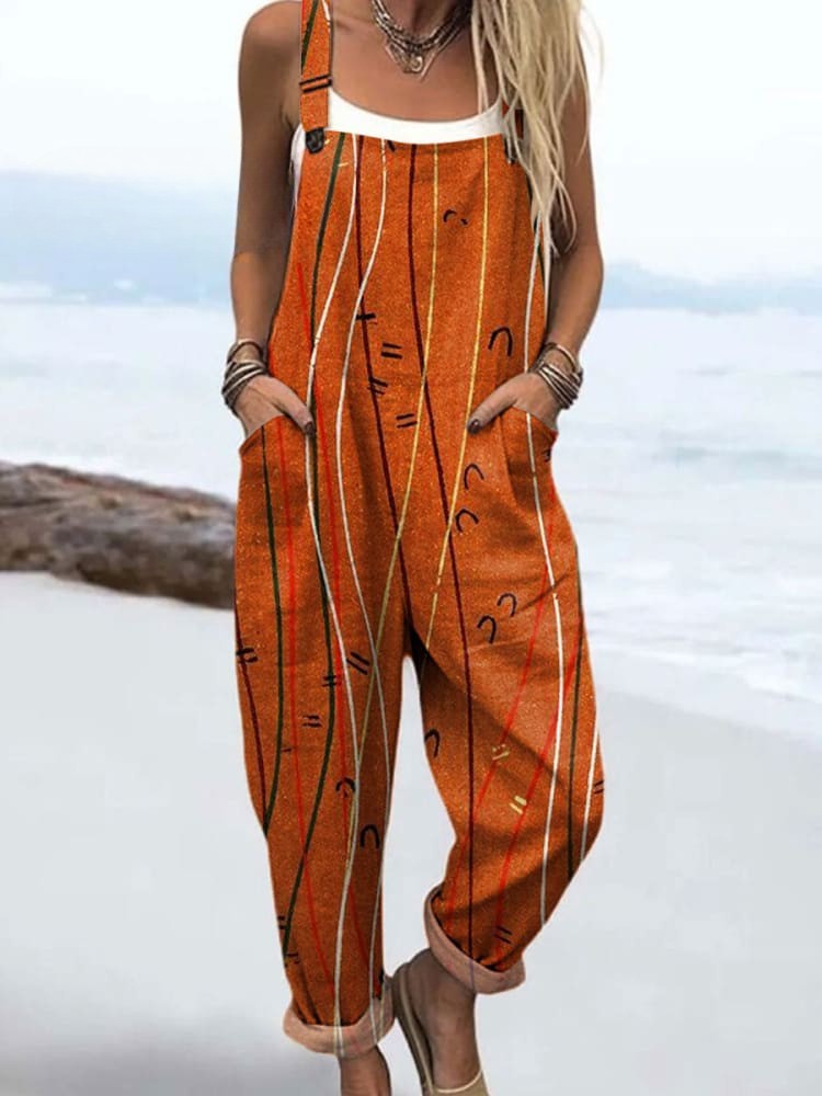 Women's Abstract Print Wide Leg Jumpsuit with Pockets – Loose Fit Summer Overalls
