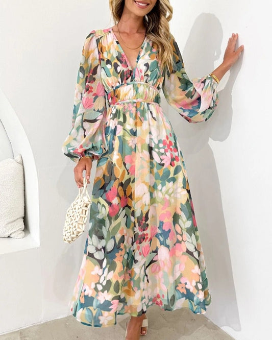 Women's Floral V-Neck Midi Dress with Long Sleeves