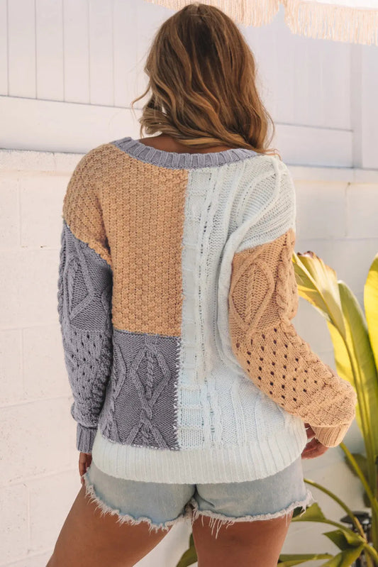 Women’s Patchwork Cable Knit Sweater Perfect for Winter