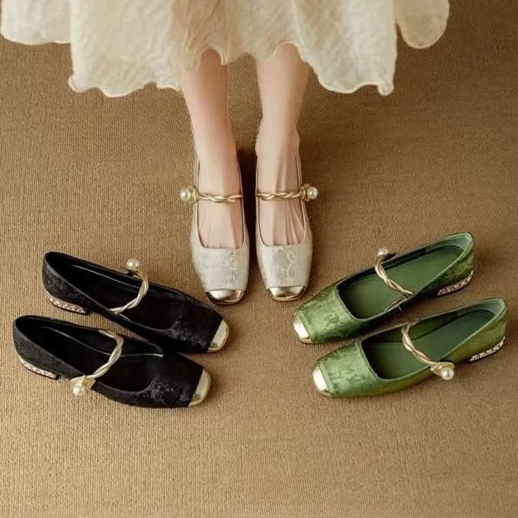 Women’s Mary Jane Flats with Pearl Strap and Metallic Toe Cap