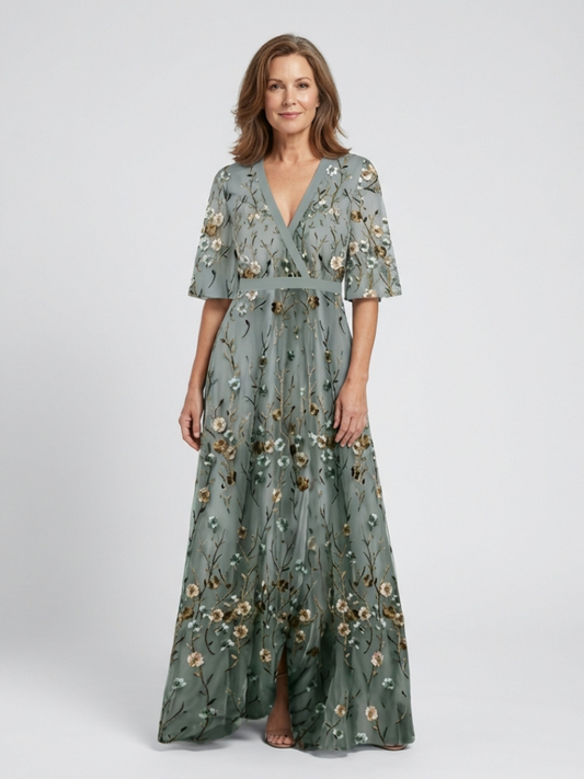 Women's Floral Maxi Dress with V-Neck and Sheer Sleeves