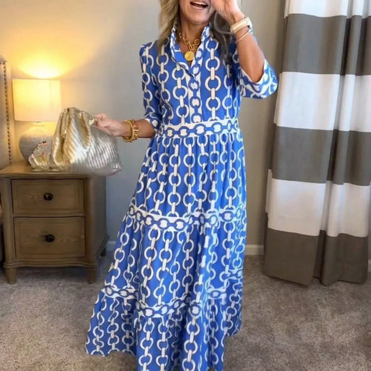Women's Chain Print V-Neck Midi Dress with 3/4 Sleeves