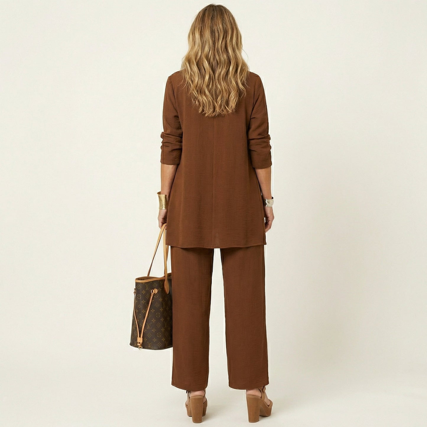 Women's Three Piece Set with Cardigan Top and Wide Leg Pants Elegant Outfit